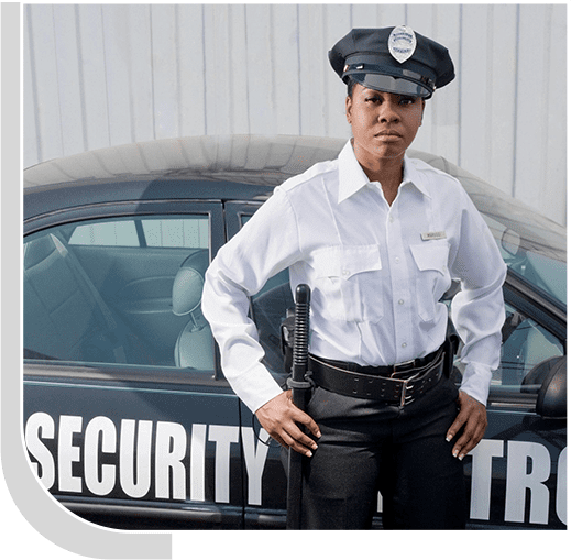 A security guard standing in front of a car.