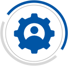 A blue and white icon of a person inside a gear.