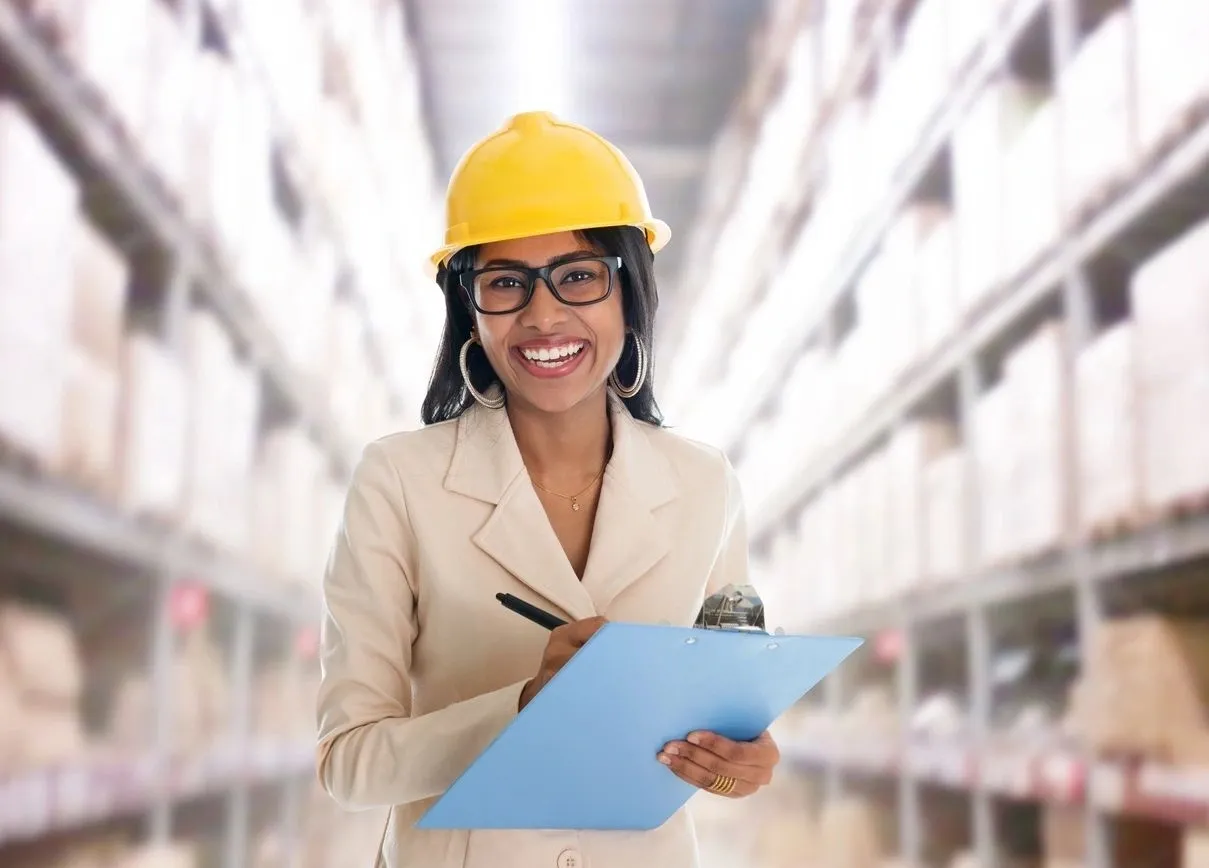 A woman in a hard hat holding a clipboard.