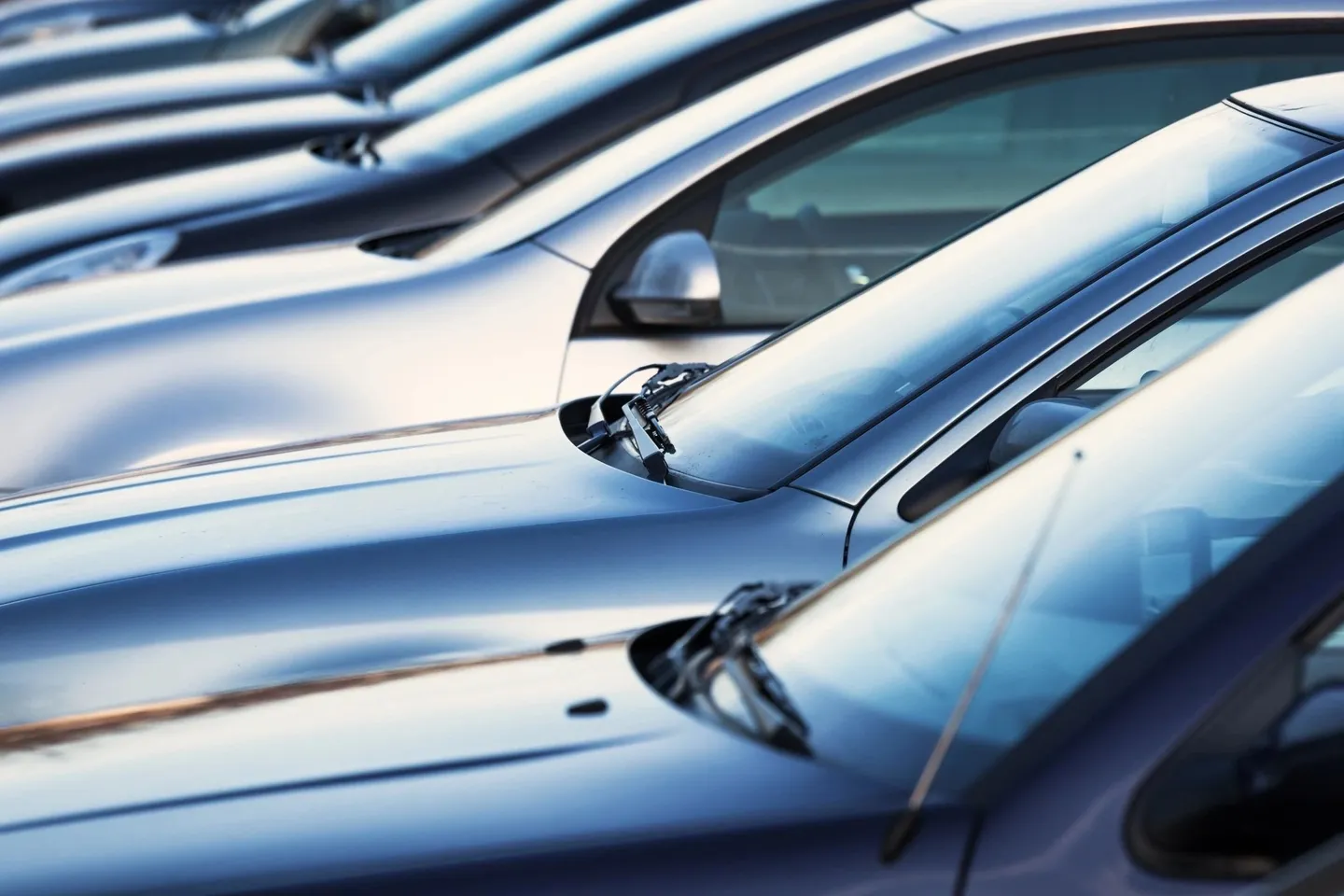 A row of parked cars in a parking lot.